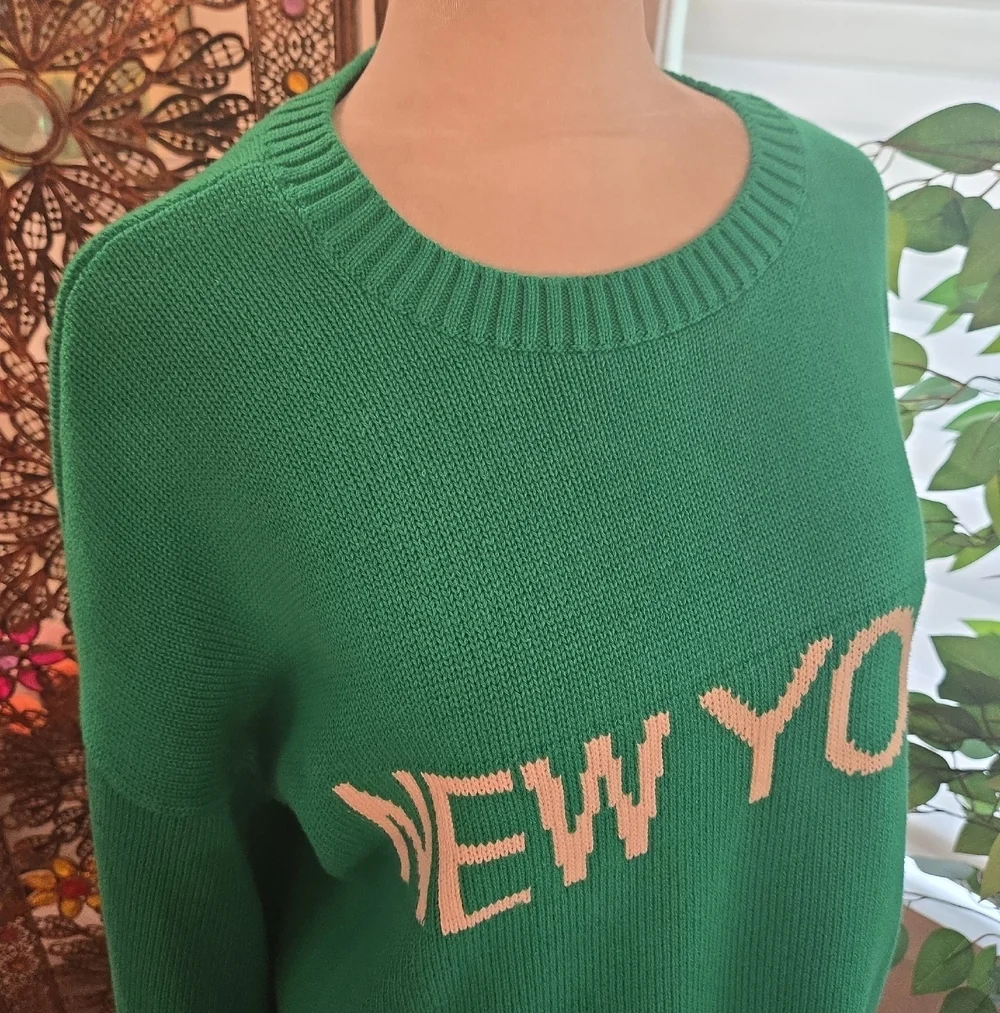 NWT Fishermans Chunky Knit New York Cotton Green Crewneck Sweater Womens Small